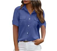 Keepink Women's Short Sleeve Shirts Solid Linen Texture Tops Double Pocket Collared Button Down Blouse Dressy Casual Relaxed Fit Tunic Shirt Ladies Summer Tops for Everyday Work Office