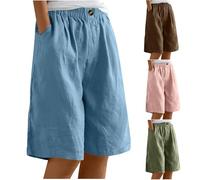 Keepink Women's Shorts Casual Linen Half Pants Solid Summer Elastic Waist Bottons Baggy Wide Leg Shorts Puls Size Short Pants with Pockets Beach Vacation Outfits S-6XL