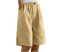 Keepink Women's Shorts Casual Linen Half Pants Solid Summer Elastic Waist Bottons Baggy Wide Leg Shorts Puls Size Short Pants with Pockets Beach Vacation Outfits S-56XL