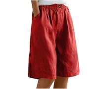 Keepink Women's Shorts Casual Linen Half Pants Solid Summer Elastic Waist Bottons Baggy Wide Leg Shorts Puls Size Short Pants with Pockets Beach Vacation Outfits S-39XL