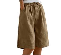 Keepink Women's Shorts Casual Linen Half Pants Solid Summer Elastic Waist Bottons Baggy Wide Leg Shorts Puls Size Short Pants with Pockets Beach Vacation Outfits S-38XL
