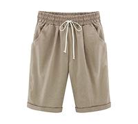 Keepink Women's Shorts Cotton Linen Bermuda Shorts Drawstring Elastic Waist Knee Length Summer Shorts Curling Jersey Casual Shorts Lounge Jogger Athletic Shorts with Pockets