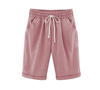 Keepink Women's Shorts Cotton Linen Bermuda Shorts Drawstring Elastic Waist Knee Length Summer Shorts Curling Jersey Casual Shorts Lounge Jogger Athletic Shorts with Pockets