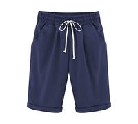 Keepink Women's Shorts Cotton Linen Bermuda Shorts Drawstring Elastic Waist Knee Length Summer Shorts Curling Jersey Casual Shorts Lounge Jogger Athletic Shorts with Pockets