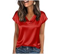 Keepink Womens Silk Satin Shirt Casual Cap Short Sleeve Blouse Basic V Neck Work Tops Elegant Ladies Top Loose Tunic Blouses Casual Relaxed Fit Smart Office Tshirts Party Pullover
