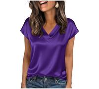 Keepink Womens Silk Satin Shirt Casual Cap Short Sleeve Blouse Basic V Neck Work Tops Elegant Ladies Top Loose Tunic Blouses Casual Relaxed Fit Smart Office Tshirts Party Pullover