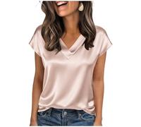Keepink Womens Silk Satin Shirt Casual Cap Short Sleeve Blouse Basic V Neck Work Tops Elegant Ladies Top Loose Tunic Blouses Casual Relaxed Fit Smart Office Tshirts Party Pullover