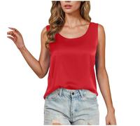 Keepink Womens Silk Satin Tank Tops V Neck Casual Round Neck Cami Solid Color Sleeveless Camisole Blouses Ladies Summer Basic Plain Tank Shirt Going Out Vest Top