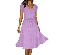 Keepink Women's Summer Dresses Short Sleeve V Neck Wrap Dress Elegant Floral Dresses Boho Midi Dresses Casual A Line Flowy Dresses Party Evening Wedding Guest Dress with Belt