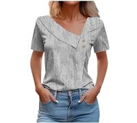 Keepink Womens Summer Dressy Blouses Elegant Skew Collar Short Sleeve Ladies Trendy Sexy Button Trim Tops Summer Casual Solid Color T Shirts Streetwear UK Clearance