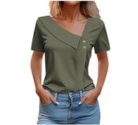 Keepink Womens Summer Dressy Blouses Elegant Skew Collar Short Sleeve Ladies Trendy Sexy Button Trim Tops Summer Casual Solid Color T Shirts Streetwear UK Clearance