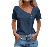 Keepink Womens Summer Dressy Blouses Elegant Skew Collar Short Sleeve Ladies Trendy Sexy Button Trim Tops Summer Casual Solid Color T Shirts Streetwear UK Clearance