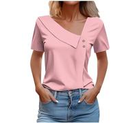 Keepink Womens Summer Dressy Blouses Elegant Skew Collar Short Sleeve Ladies Trendy Sexy Button Trim Tops Summer Casual Solid Color T Shirts Streetwear UK Clearance