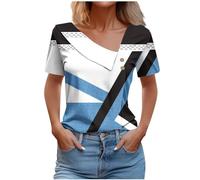 Keepink Womens Summer Dressy Blouses Elegant Skew Collar Short Sleeve Ladies Trendy Sexy Button Trim Tops Summer Casual Solid Color T Shirts Streetwear UK Clearance