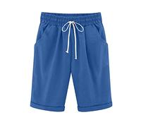 Keepink Women's Summer Half Pants - Solid Casual Straight Leg Shorts - Active Cotton Linen Blend - Size 8-22 UK - Blue - Plus Size 16 - Adult Women (Spring-Summer Activities)