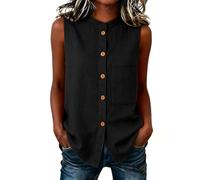 Keepink Women's Summer Sleeveless Shirts Mandarin Collar Button Front Casual Pocket Shirt Breathable Cotton Linen Blouse Relaxed Fit Everyday Tunic Tops for Holiday Going Out