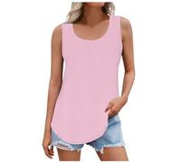 Keepink Womens Summer Tank Tops Long Vests Casual Sleeveless Curved Hem Blouses Baggy Round Neck T Shirts Basic Gym Workout Activewear Shirts & Tees Ladies Camisoles Top Clearance