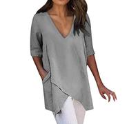 Keepink Women's Summer Top Casual Short Sleeved Shirts Oversize V Neck T Shirt Plain Linen Tshirts Ladies Smart Elegant Blouses and Plus Size Tops Pockets Long T-Shirts for Leggings
