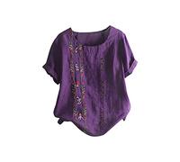 Keepink Women's Summer Tops 2024 Loose Casual Blouses Cotton Linen Shirts Boho Embroidered Top Short Sleeve Button Tshirt Vintage Tunic Pullover Elegant T Shirts Large Size 14-28