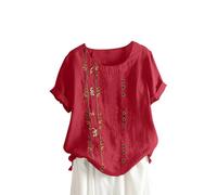 Keepink Women's Summer Tops 2024 Loose Casual Blouses Cotton Linen Shirts Boho Embroidered Top Short Sleeve Button Tshirt Vintage Tunic Pullover Elegant T Shirts Large Size 14-28