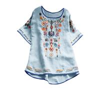 Keepink Womens Summer Tops Ethnic Style Shirt Embroidered Short Sleeve TShirts Longline Round Neck Blouse Oversized Tees Casual Pullover Plus Size Vacation Daily Boho Streetwear