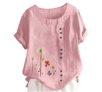Keepink Women's Summer Tops Loose Casual Blouses Cotton Linen Shirts Boho Embroidered Top Short Sleeve Button Tshirt Vintage Tunic Pullover Elegant T Shirts Large Size 8-22 UK