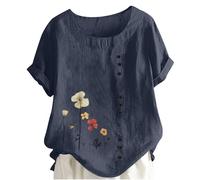 Keepink Women's Summer Tops Loose Casual Blouses Cotton Linen Shirts Boho Embroidered Top Short Sleeve Button Tshirt Vintage Tunic Pullover Elegant T Shirts Large Size 8-22 UK