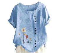 Keepink Women's Summer Tops Loose Casual Blouses Cotton Linen Shirts Boho Embroidered Top Short Sleeve Button Tshirt Vintage Tunic Pullover Elegant T Shirts Large Size 8-22 UK