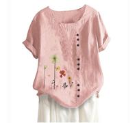 Keepink Women's Summer Tops Loose Casual Blouses Cotton Linen Shirts Boho Embroidered Top Short Sleeve Button Tshirt Vintage Tunic Pullover Elegant T Shirts Large Size 8-22 UK