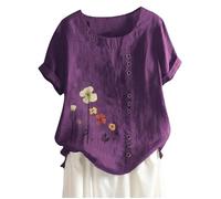 Keepink Women's Summer Tops Loose Casual Blouses Cotton Linen Shirts Boho Embroidered Top Short Sleeve Button Tshirt Vintage Tunic Pullover Elegant T Shirts Large Size 8-22 UK