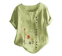 Keepink Women's Summer Tops Loose Casual Blouses Cotton Linen Shirts Boho Embroidered Top Short Sleeve Button Tshirt Vintage Tunic Pullover Elegant T Shirts Large Size 8-22 UK