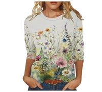 Keepink Womens T Shirts 3/4 Sleeves Smart Casual Tunic Tops Loose Crew Neck T-Shirts Floral Print Elegant Pullover Shirt Ladies Top Office Work Dresssy Blouse Going Out Tees 8-18 UK