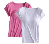 Keepink Womens T Shirts Multipack 2 Pcs Ladies Built in Bra Tops Yoga Tops for Women UK Clearance Solid T-Shirts Summer Pullover Tshirts Loose Fit Plus Size Tops for Women 8-20 UK