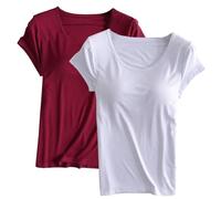 Keepink Womens T Shirts Multipack 2 Pcs Ladies Built in Bra Tops Yoga Tops for Women UK Clearance Solid T-Shirts Summer Pullover Tshirts Loose Fit Plus Size Tops for Women 8-20 UK