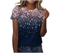 Keepink Women's T-Shirts Round Neck Short Sleeve Top Sequin Printed Tops for Women UK Summer Cotton Tees Funny Tshirts Slim Elegant Tunic Blouses Trendy Party Club Shirts UK Size 8-16