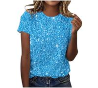 Keepink Women's T-Shirts Round Neck Short Sleeve Top Sequin Printed Tops for Women UK Summer Cotton Tees Funny Tshirts Slim Elegant Tunic Blouses Trendy Party Club Shirts UK Size 8-16