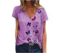Keepink Womens T Shirts V Neck Short Sleeve Pullover Blouse Animal Butterfly Graphic Summer Tops Baggy Dressy Casual Tshirt Trendy Basic T-Shirt Ladies Plus Size Top Henley Shirt