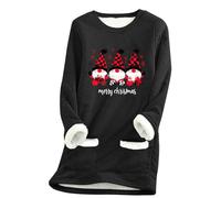 Keepink Women's Thermal Christmas Tops Funny Merry Christmas Sweatshirts Festive Print Fleece Lined Round Neck Jumper with Pocket Winter Warm Pullover Baggy Tunic Sweater for Leggings