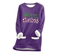 Keepink Women's Thermal Christmas Tops Funny Merry Christmas Sweatshirts Festive Print Fleece Lined Round Neck Jumper with Pocket Winter Warm Pullover Baggy Tunic Sweater for Leggings