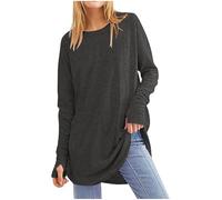 Keepink Womens Top Long Sleeve Thumb Hole Shirts Plain Crew Neck Curved Hem Tunic T Shirts Casual Loose Blouse Long Tops to Wear with Leggings Athletic Tee Pullover Plus Size