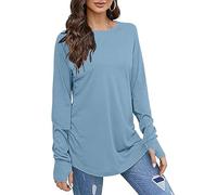 Keepink Womens Top Long Sleeve Thumb Hole Shirts Plain Crew Neck Curved Hem Tunic T Shirts Casual Loose Blouse Long Tops to Wear with Leggings Athletic Tee Pullover Plus Size