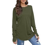 Keepink Womens Top Long Sleeve Thumb Hole Shirts Plain Crew Neck Curved Hem Tunic T Shirts Casual Loose Blouse Long Tops to Wear with Leggings Athletic Tee Pullover Plus Size