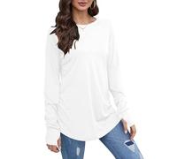 Keepink Womens Top Long Sleeve Thumb Hole Shirts Plain Crew Neck Curved Hem Tunic T Shirts Casual Loose Blouse Long Tops to Wear with Leggings Athletic Tee Pullover Plus Size