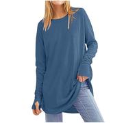 Keepink Womens Top Long Sleeve Thumb Hole Shirts Plain Crew Neck Curved Hem Tunic T Shirts Casual Loose Blouse Long Tops to Wear with Leggings Athletic Tee Pullover Plus Size