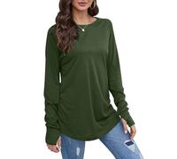 Keepink Womens Top Long Sleeve Thumb Hole Shirts Plain Crew Neck Curved Hem Tunic T Shirts Casual Loose Blouse Long Tops to Wear with Leggings Athletic Tee Pullover Plus Size