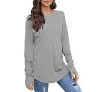 Keepink Womens Top Long Sleeve Thumb Hole Shirts Plain Crew Neck Curved Hem Tunic T Shirts Casual Loose Blouse Long Tops to Wear with Leggings Athletic Tee Pullover Plus Size