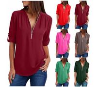 Keepink Womens Tops 3/4 Sleeve Blouses V Neck 1/4 Zip Up Chiffon Top Loose Tunic T Shirts Double Layers Mesh Shirts Eleagnt Dressy Casual Blouse Work Pullover Tees Plus Size UK 8-22