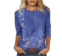 Keepink Womens Tops 3/4 Sleeve T Shirts Round Neck Loose Casual Blouses Printed Tshirts Summer Pullover Shirts Basic Tshirt Ladies T-Shirts & Blouses Dressy Tunic Top Graphic Tees