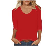 Keepink Womens Tops 3/4 Sleeve V Neck Casual Shirts Solid Eleagnt Tunic Tops Three Quarter Length T Shirts Summer Pullover Cotton Basic Tees Ladies Blouses Dressy Work Office Tshirt
