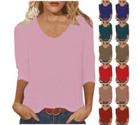 Keepink Womens Tops 3/4 Sleeve V Neck Casual Shirts Solid Eleagnt Tunic Tops Three Quarter Length T Shirts Summer Pullover Cotton Basic Tees Ladies Blouses Dressy Work Office Tshirt